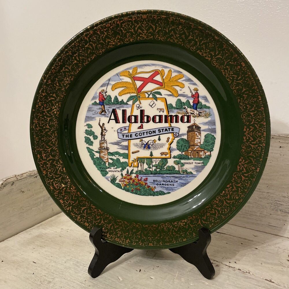 Vtg HLC Alabama Souvenir Plate Green Gold The Cotton State Hunting Fishing